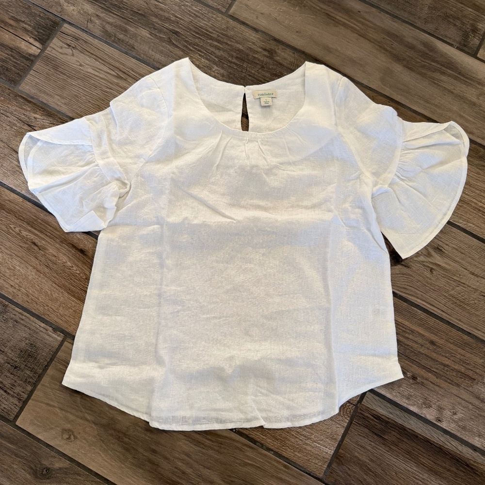 SUNDANCE Willa Whisper NWT Linen Flutter Sleeve Top in White, Size S - Picture 2 of 10
